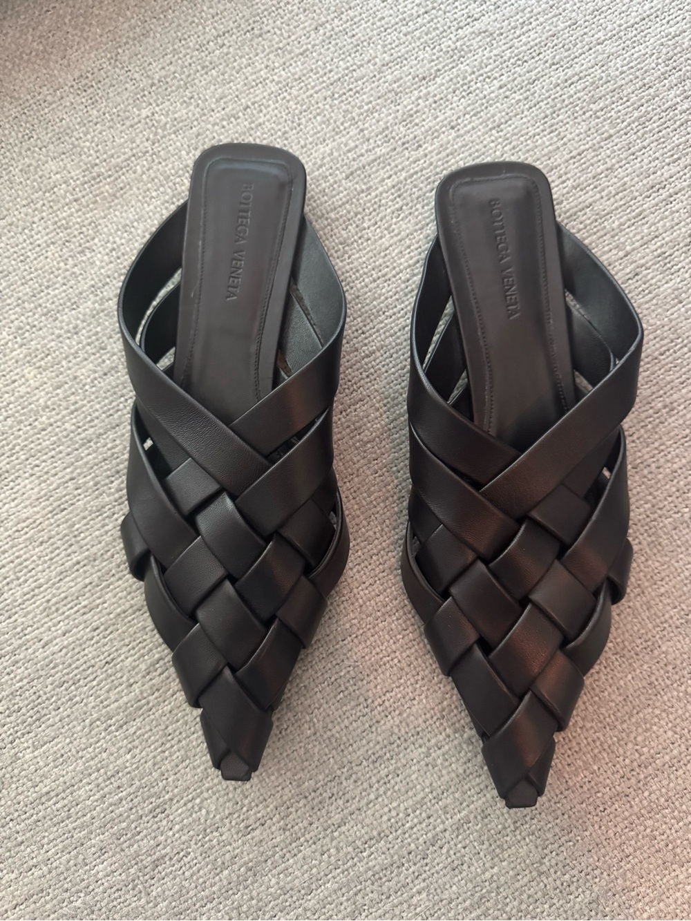 Bottega Veneta Black Woven Leather Pointed Slide Mules